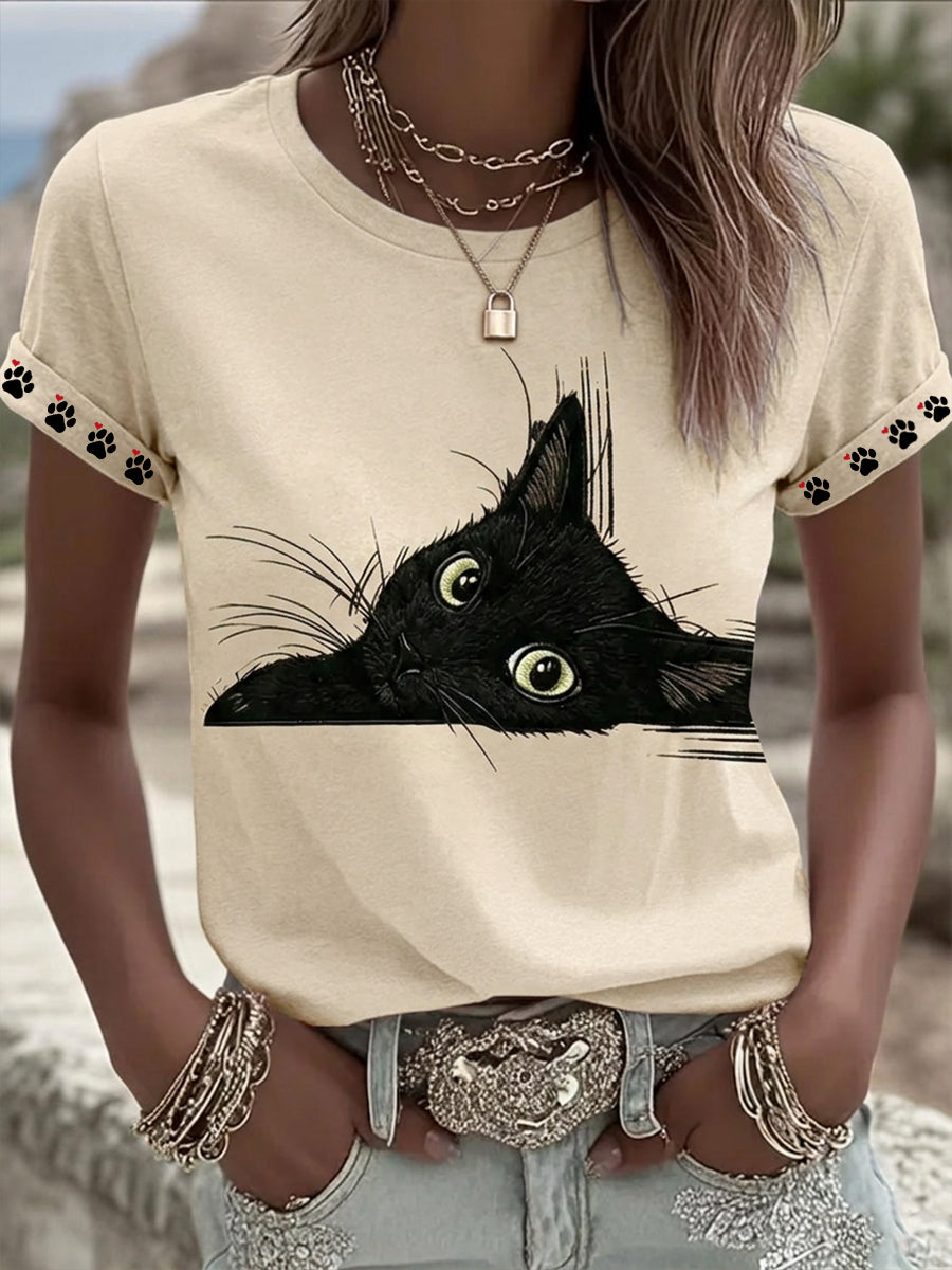 T-shirt à manches courtes pour femmes Black Cat Art Graphic Casual
