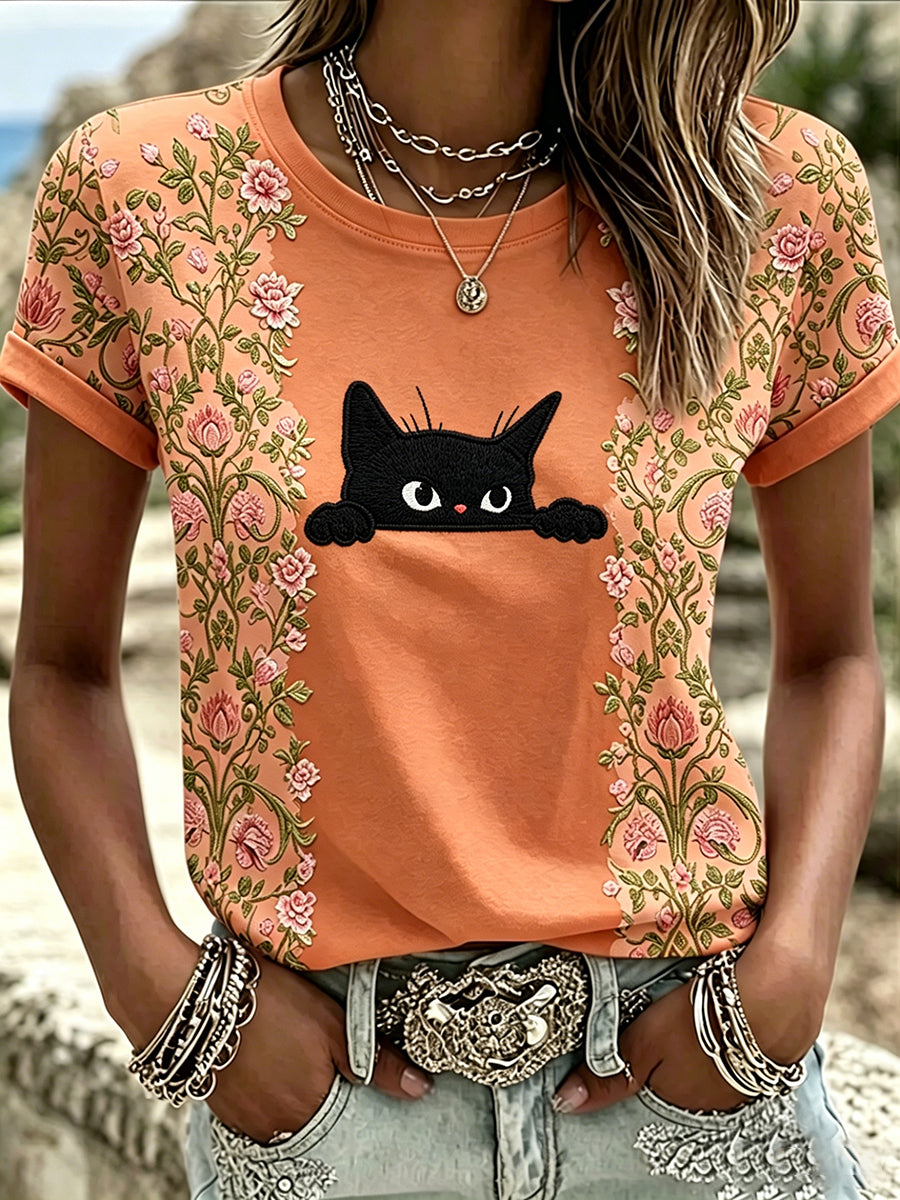 T-shirt décontracté pour femme, noir, motif chat avec fleurs, manches courtes