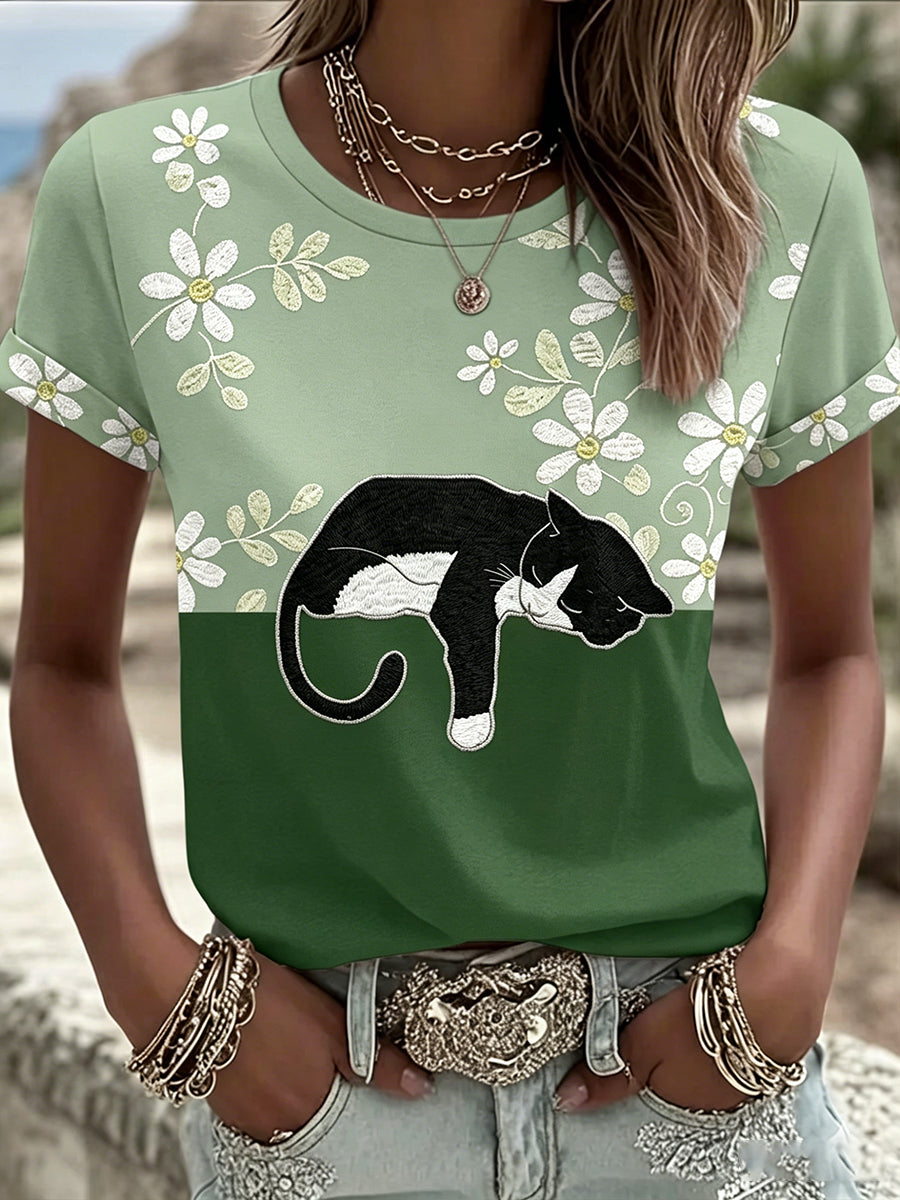 T-shirt décontracté pour femme, noir, motif chat avec fleurs, manches courtes