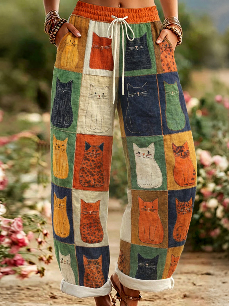 Pantalons décontractés à imprimé chats pour femmes