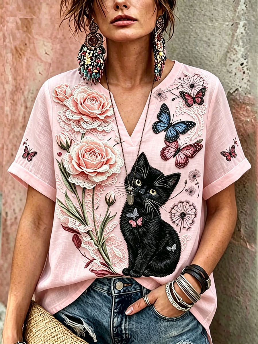 Chemise Femme Noire Chat Avec Fleurs Décontractée En Lin