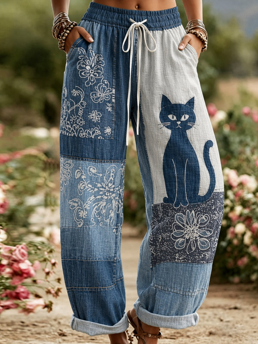 Pantalon décontracté imprimé chat floral pour femmes