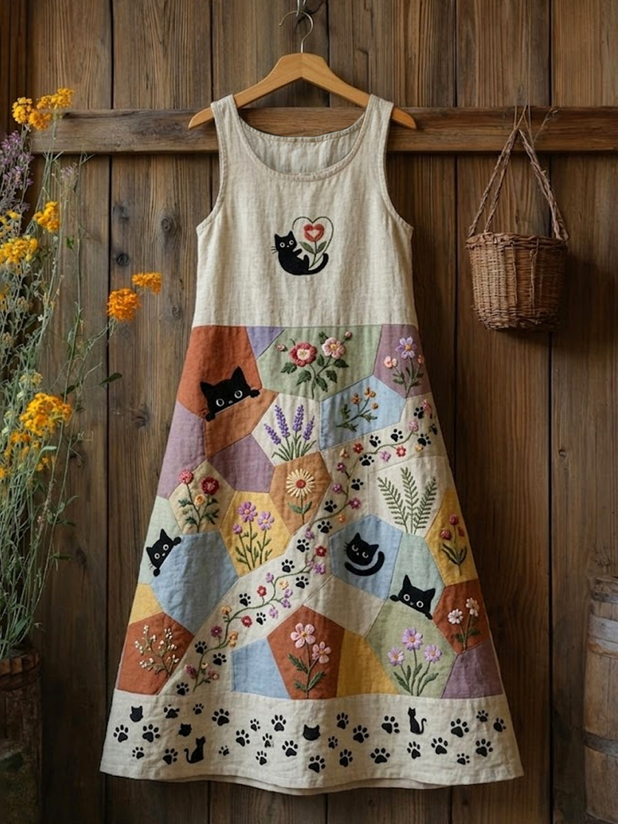 Robe mi-longue décontractée sans manches pour femme, style rétro, imprimé fleurs et chats