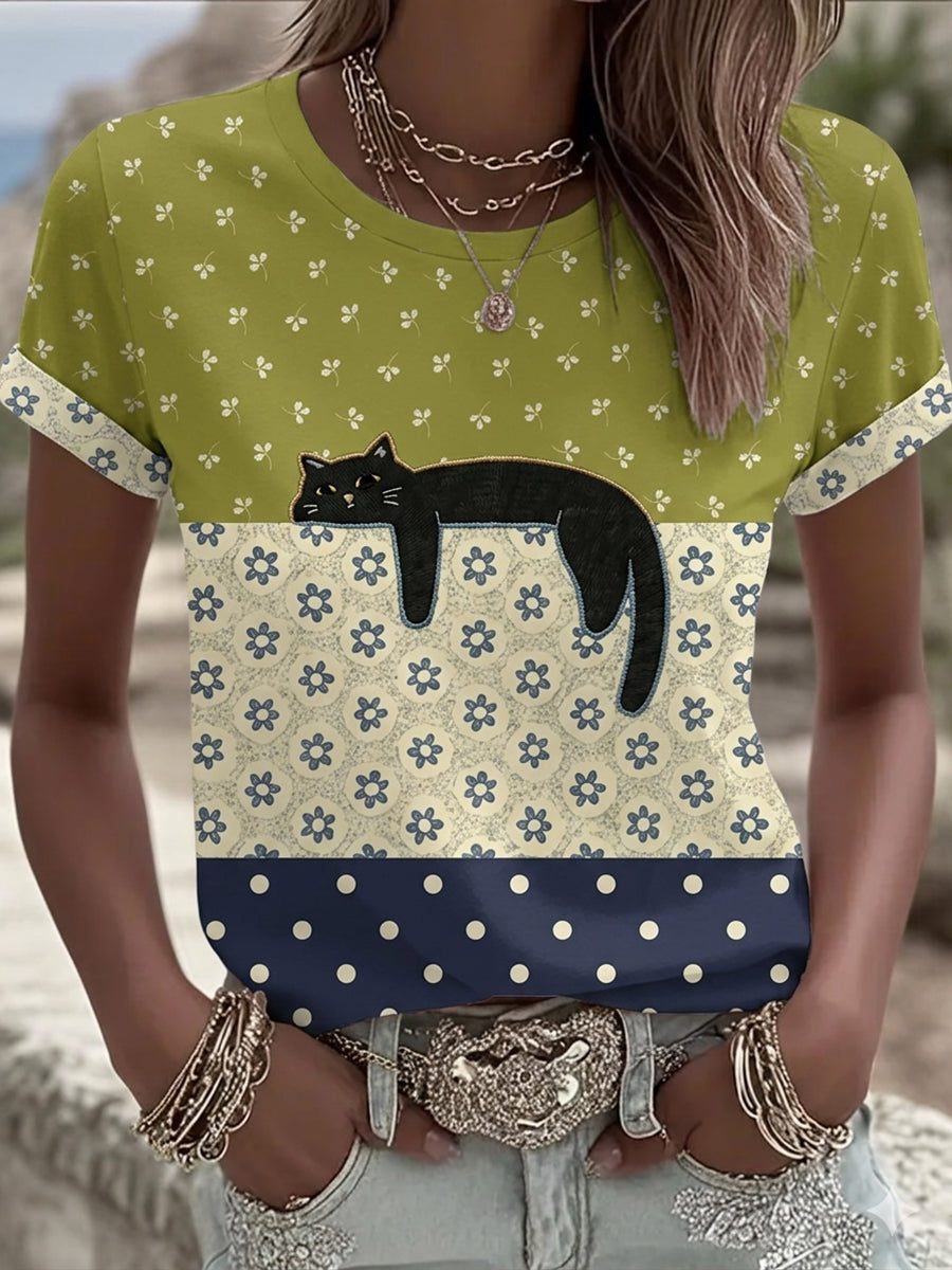 T-shirt Femme Chat Noir Avec Graphique Floral Décontracté Manches Courtes