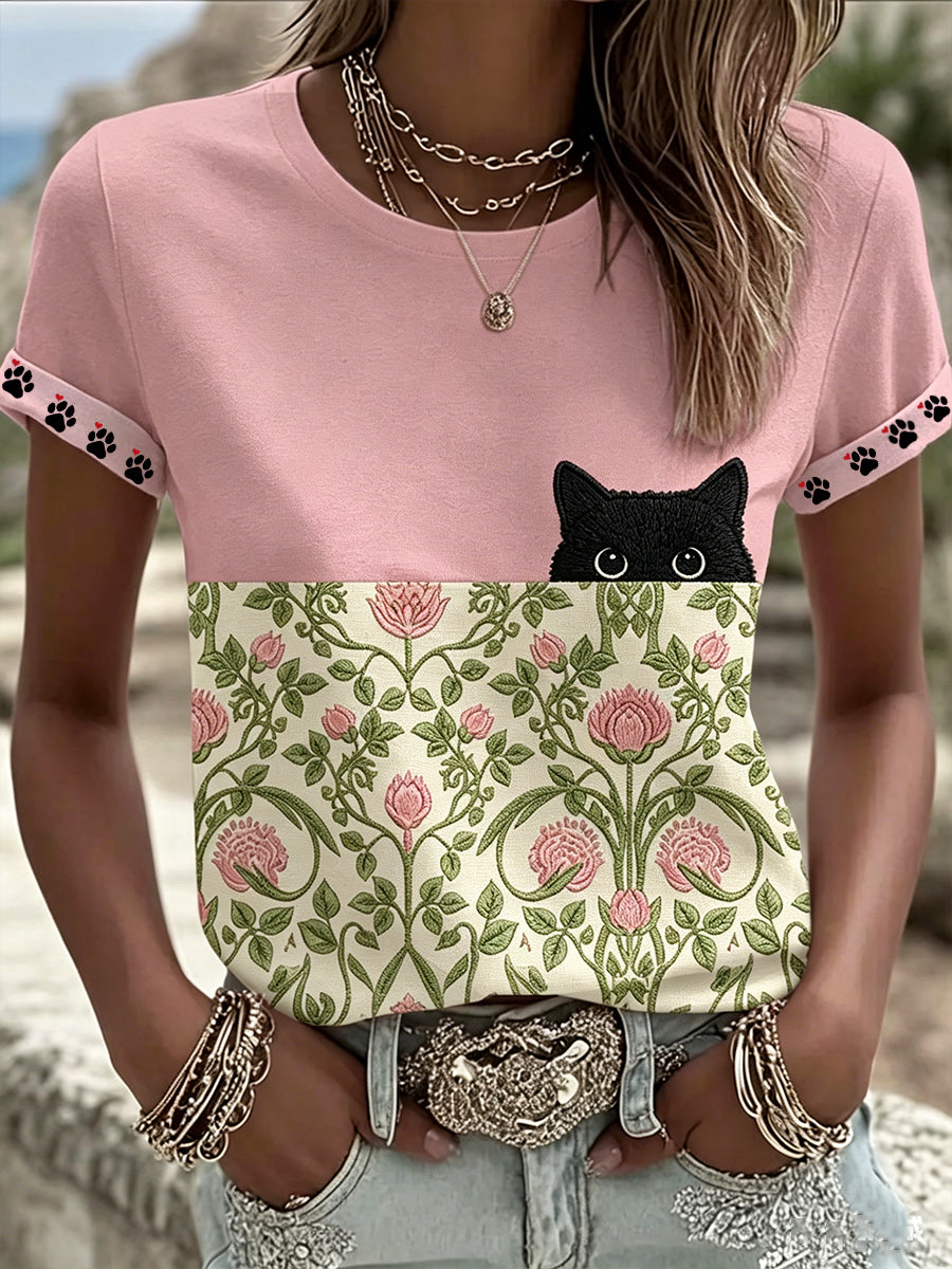 T-shirt décontracté pour femme, noir, motif chat avec fleurs, manches courtes