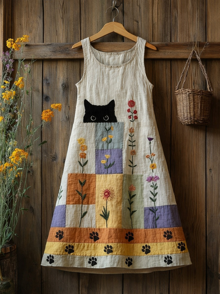 Mignon Funny Floral Cat Print Casual sans manches Midi robe des femmes