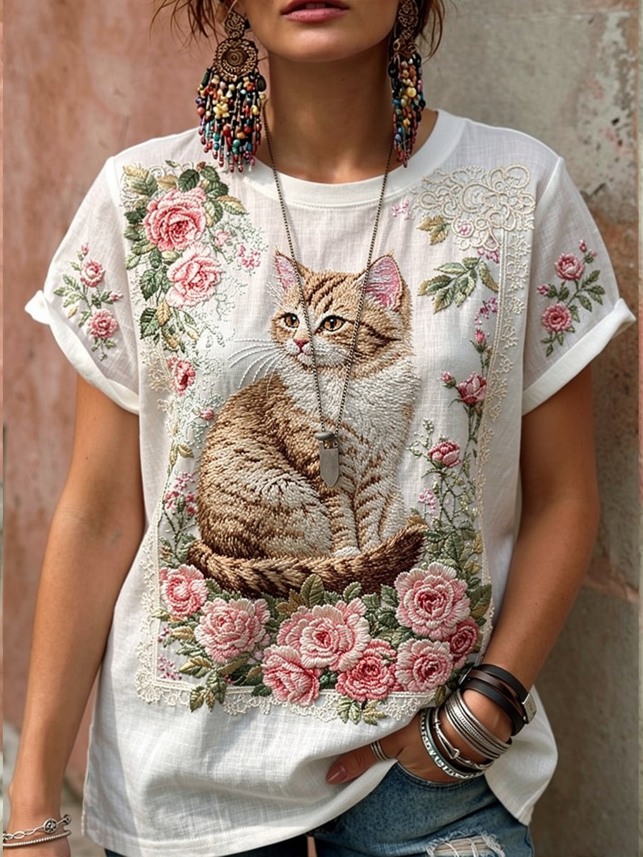 Chemise Femme Chat Mignon Avec Floral Décontractée Lin À Manches Courtes