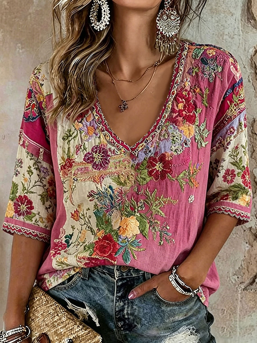 T-shirt décontracté pour femmes à imprimé floral rose
