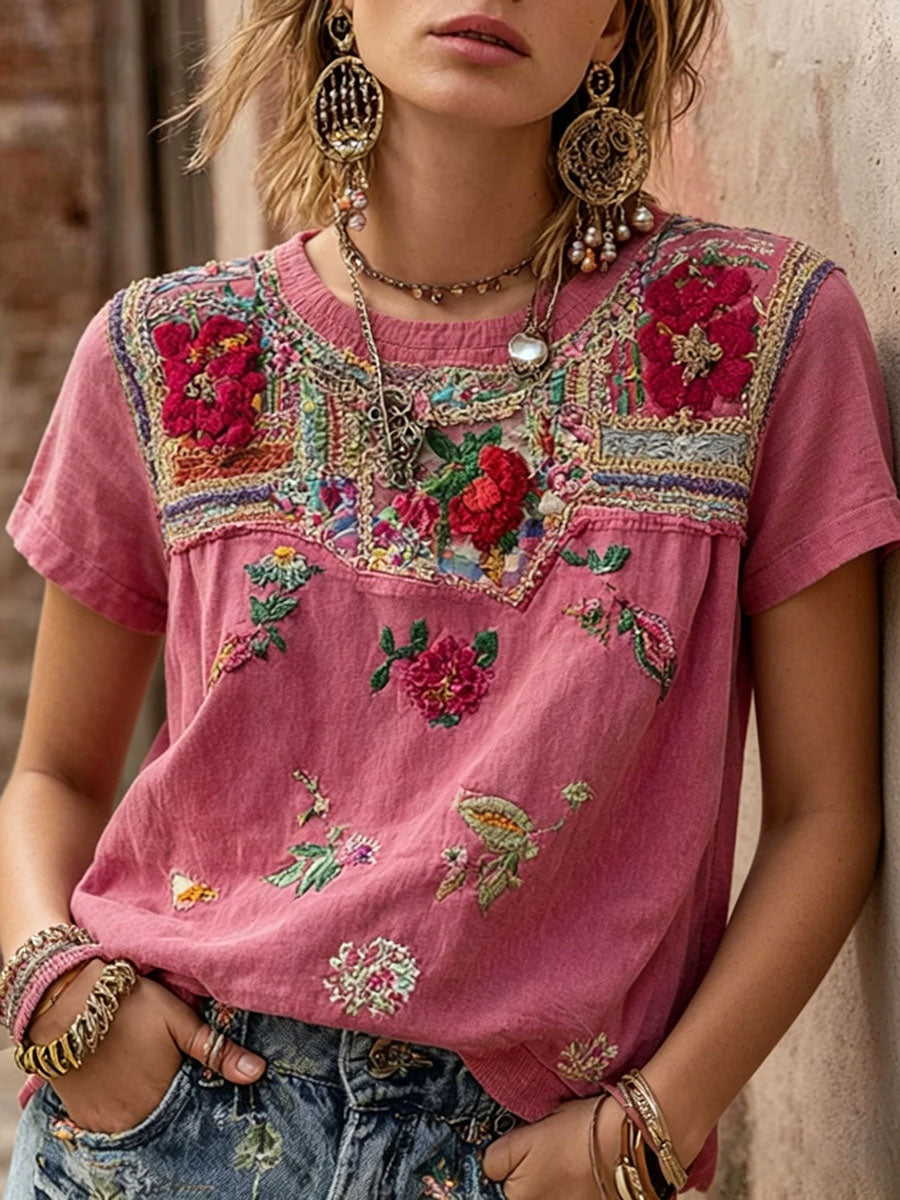 T-shirt décontracté pour femmes à imprimé floral rose