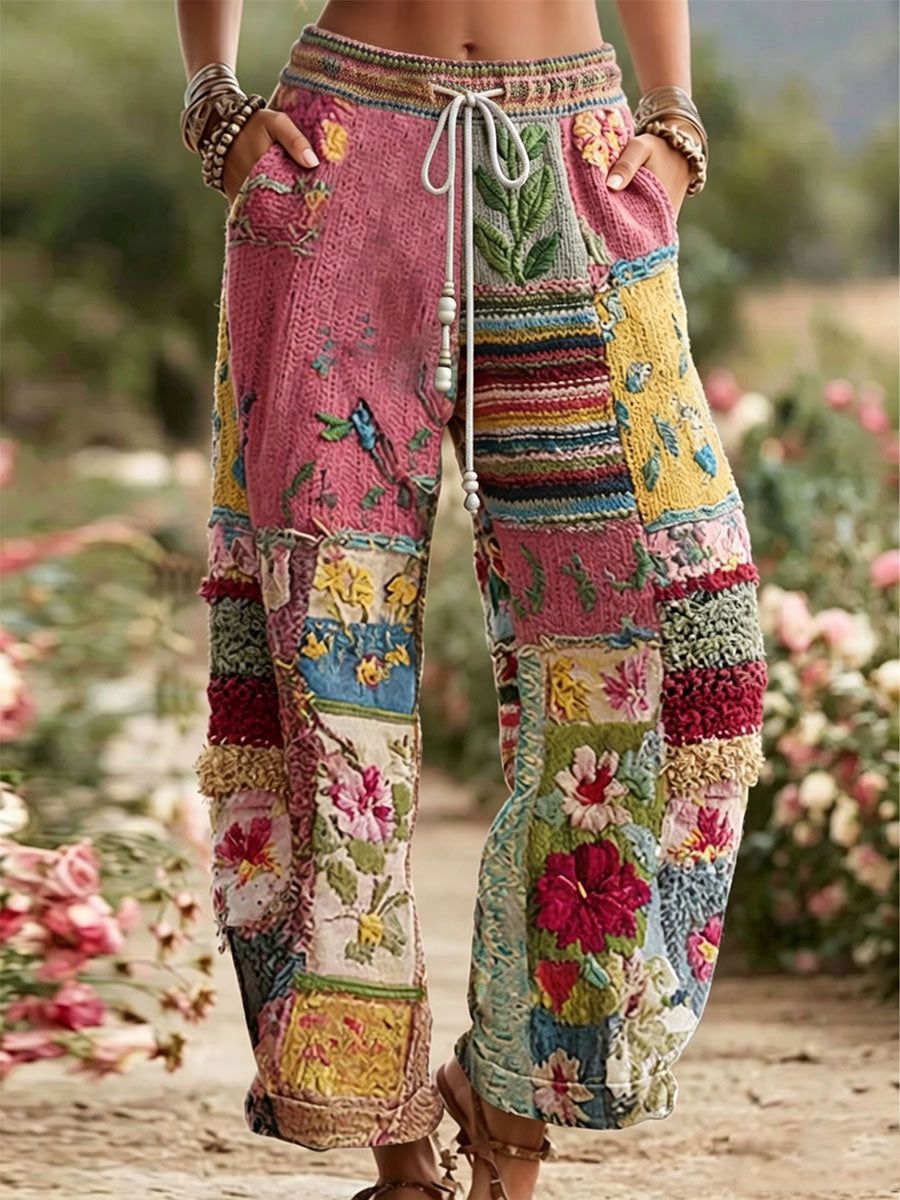 Pantalon décontracté pour femme à imprimé floral rose