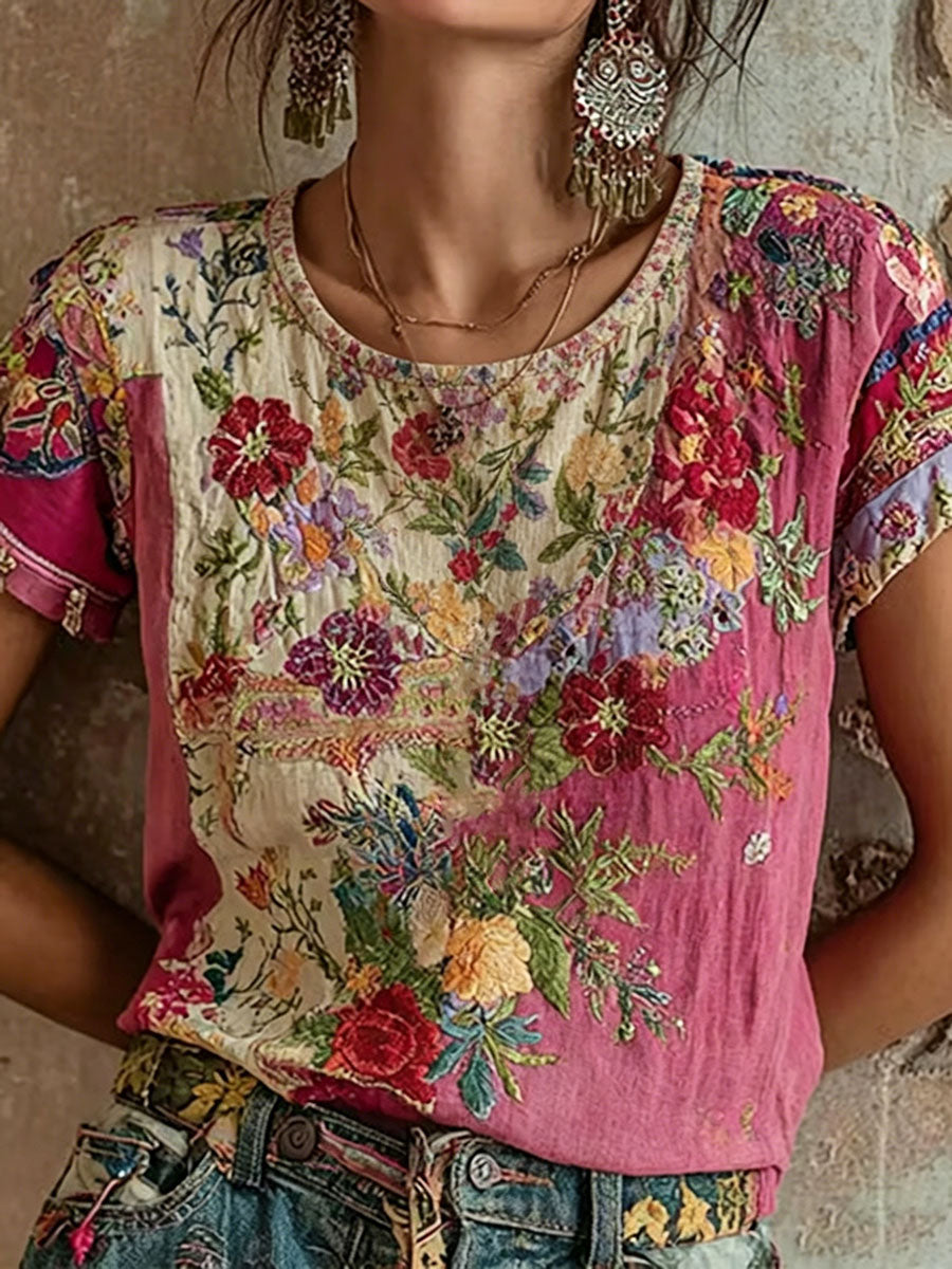 T-shirt décontracté pour femmes à imprimé floral rose