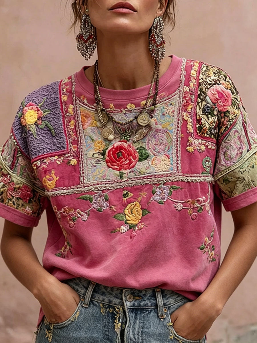 T-shirt décontracté pour femmes à imprimé floral rose
