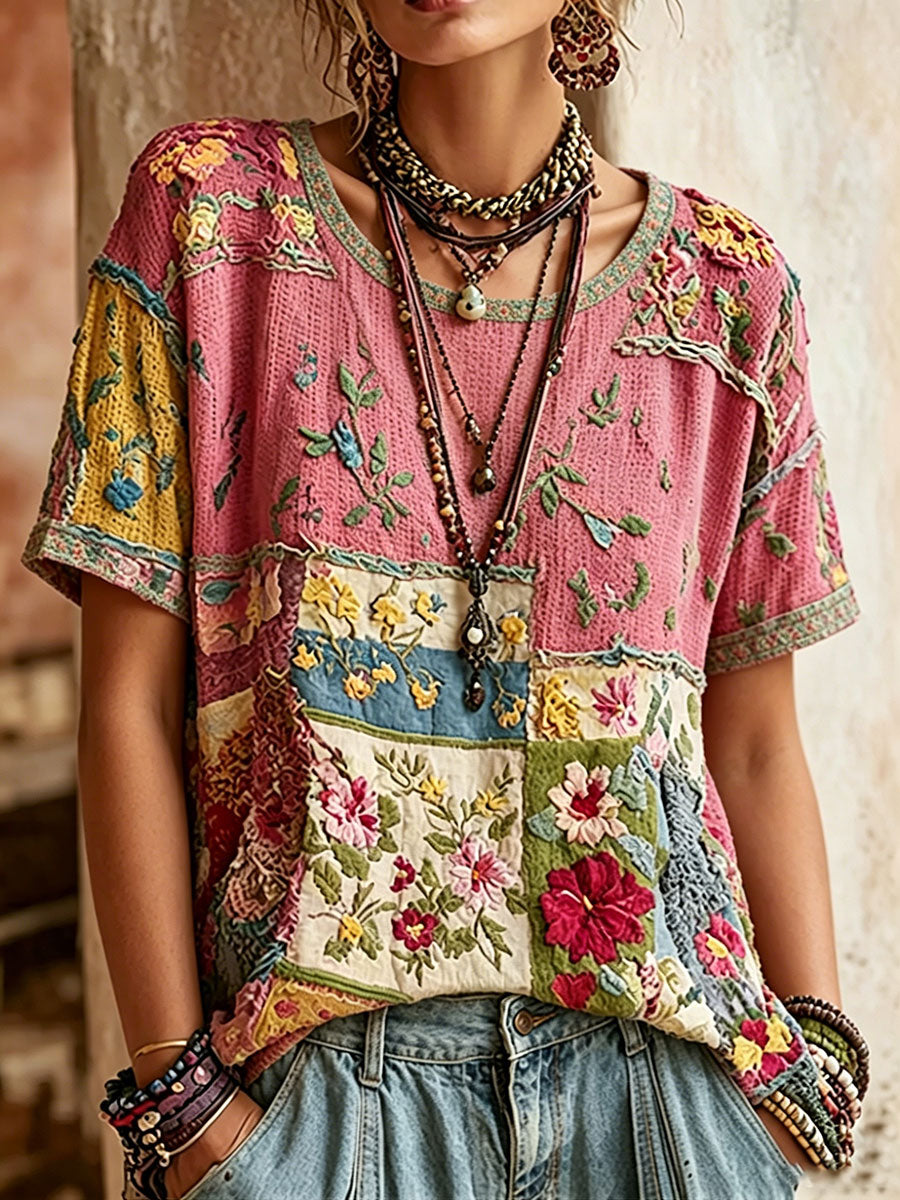 T-shirt décontracté pour femmes à imprimé floral rose