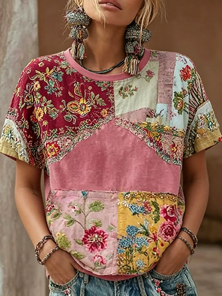 T-shirt décontracté pour femmes à imprimé floral rose