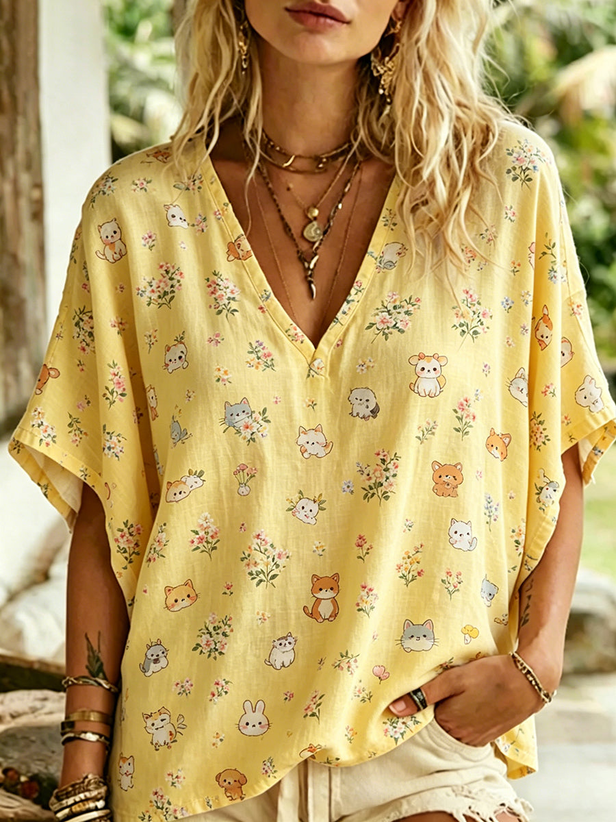 Haut à col en V de style pastoral pour femme, avec imprimé animalier et floral