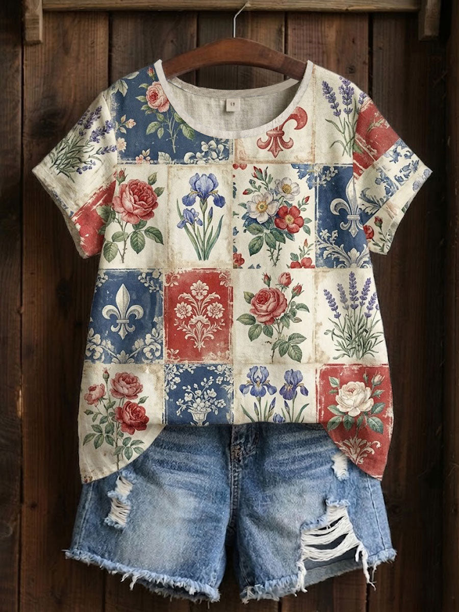 T-shirt imprimé à patchwork floral pour femmes