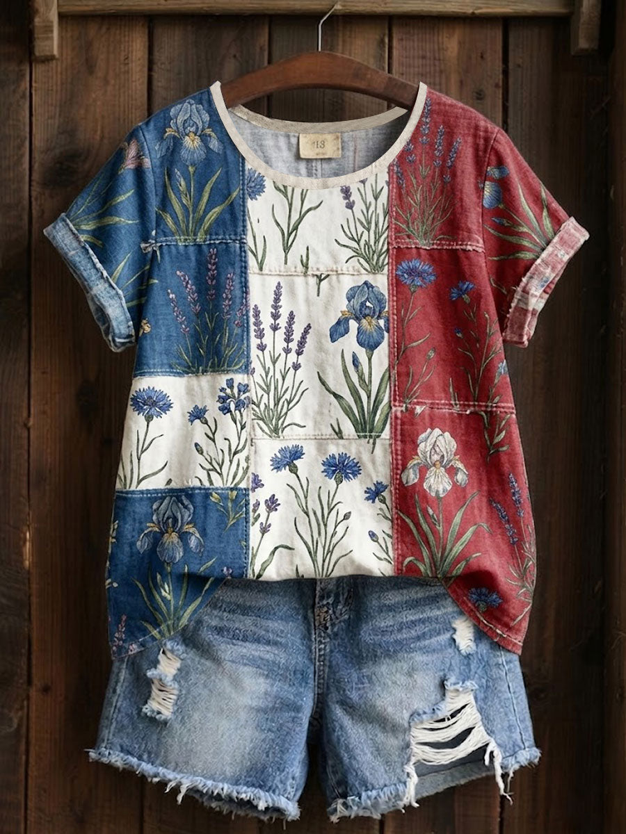 T-shirt imprimé à patchwork floral pour femmes