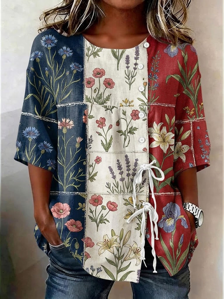 Top pour femme en coton-lin, à imprimé patchwork floral, fermé par des boutons et doté de liens sur le devant