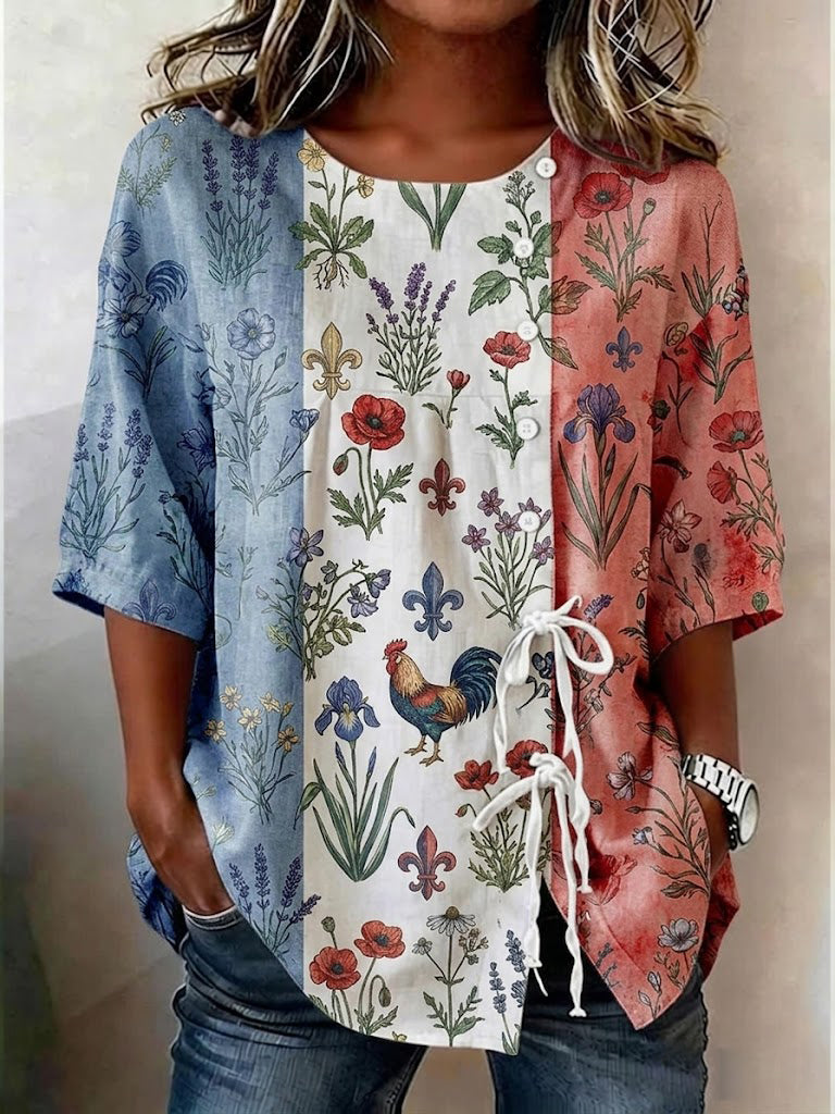 Top pour femme en coton-lin, à imprimé patchwork floral, fermé par des boutons et doté de liens sur le devant