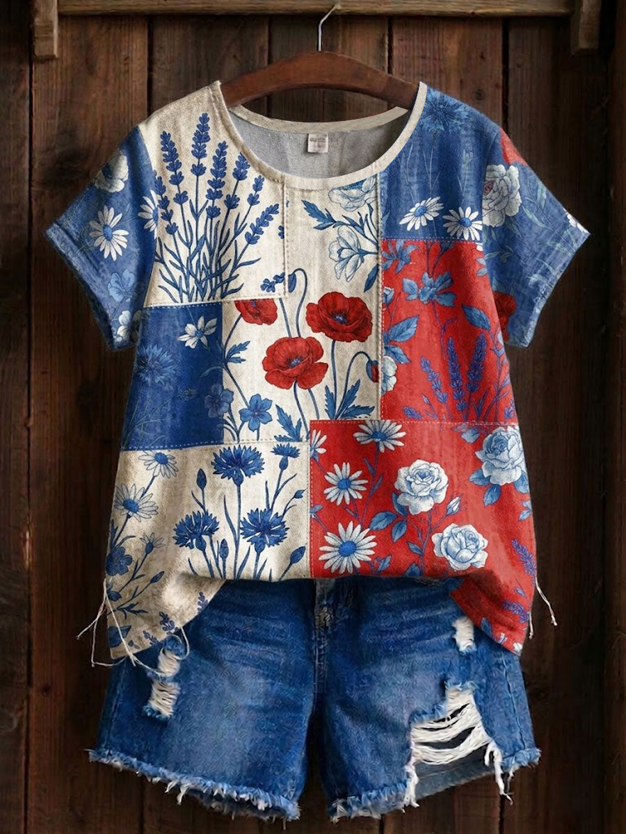 T-shirt imprimé à patchwork floral pour femmes