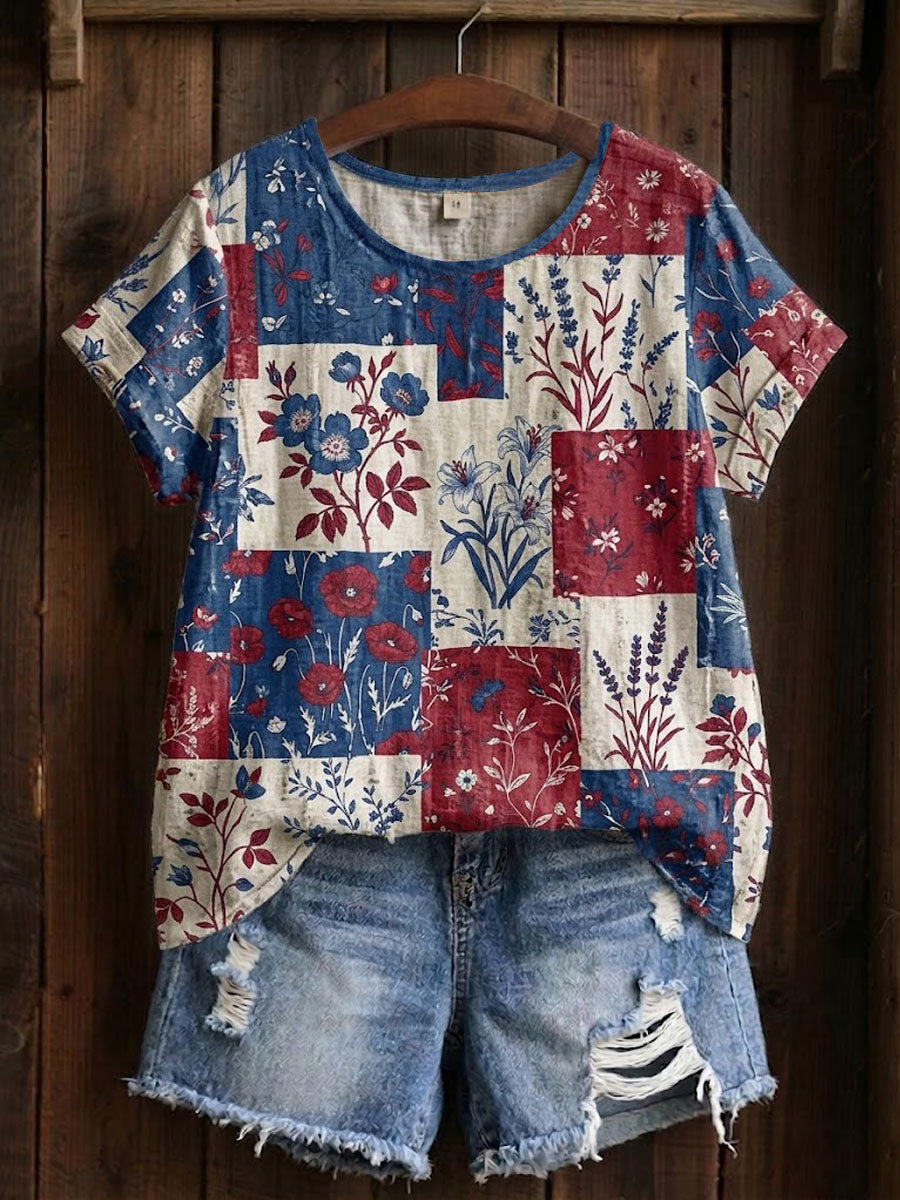 T-shirt imprimé à patchwork floral pour femmes