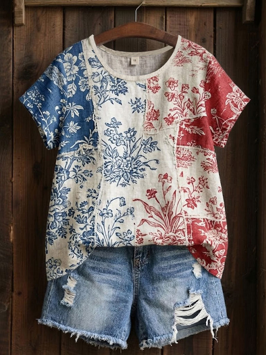 T-shirt imprimé à patchwork floral pour femmes