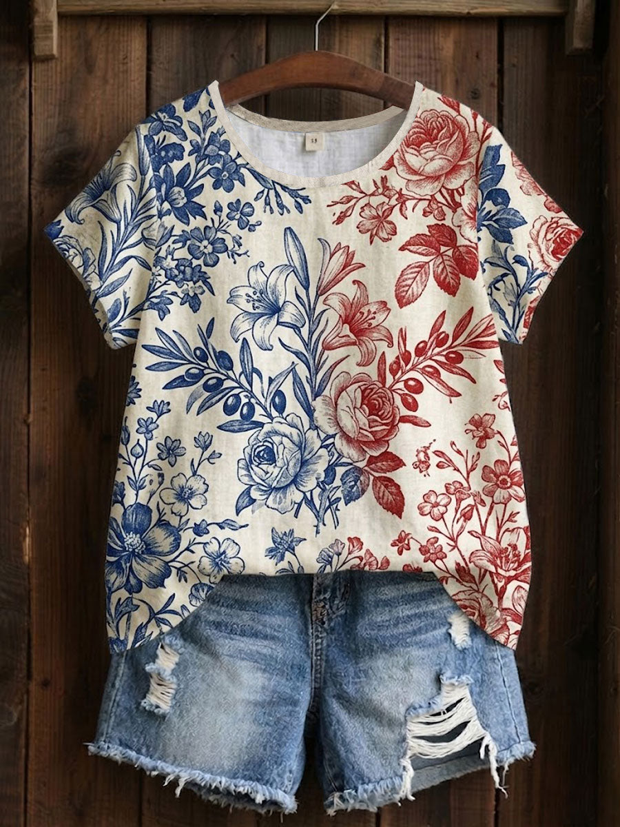 T-shirt imprimé à patchwork floral pour femmes