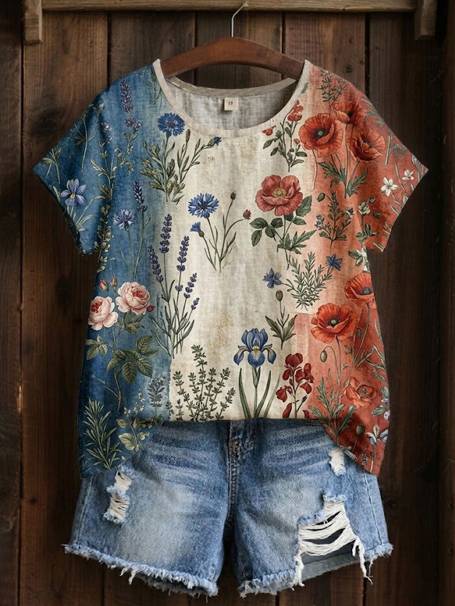 T-shirt imprimé à patchwork floral pour femmes