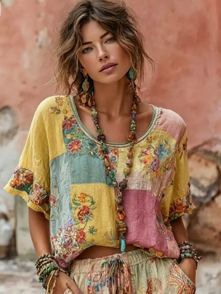 T-shirt pour femme bohème, broderie florale, patchwork, style artistique, col rond, mélange de lin