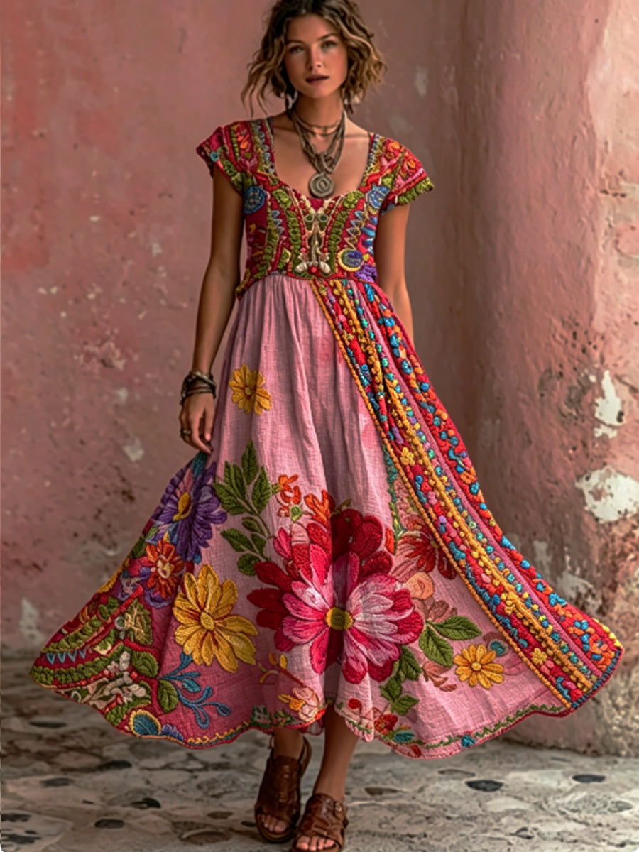 Robe maxi bohème pour femmes, à broderie florale, col rond, manches courtes