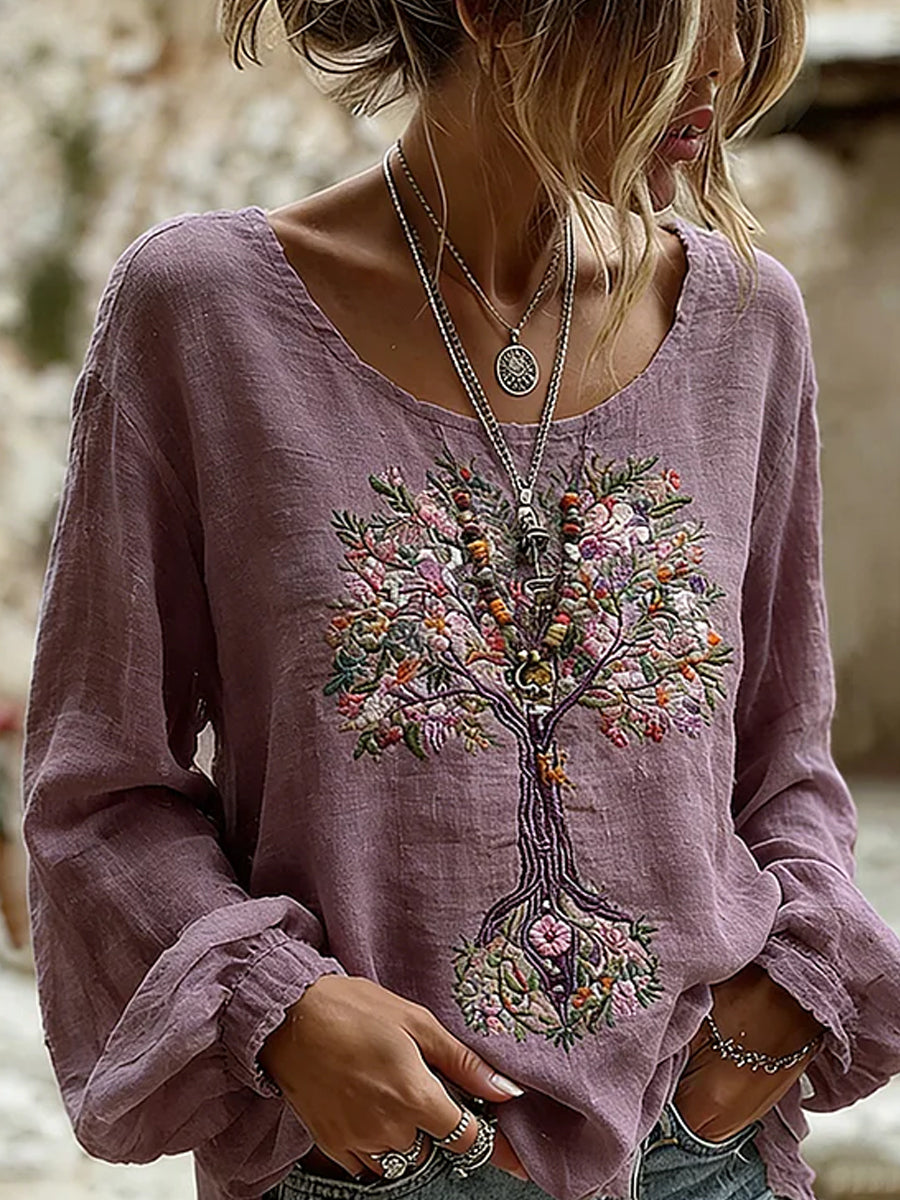 Haut décontracté en coton-lin pour femme, imprimé floral vintage