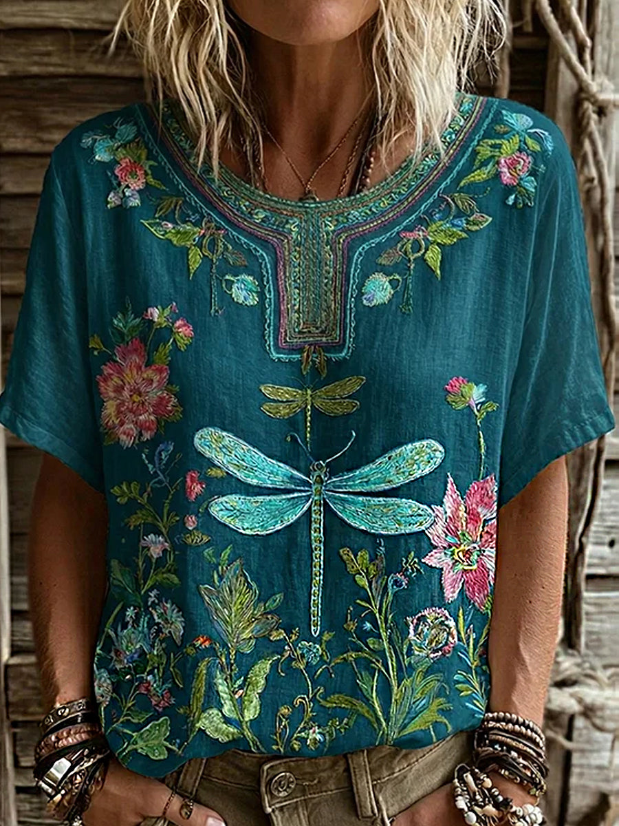 Haut décontracté en coton-lin pour femme, imprimé floral vintage
