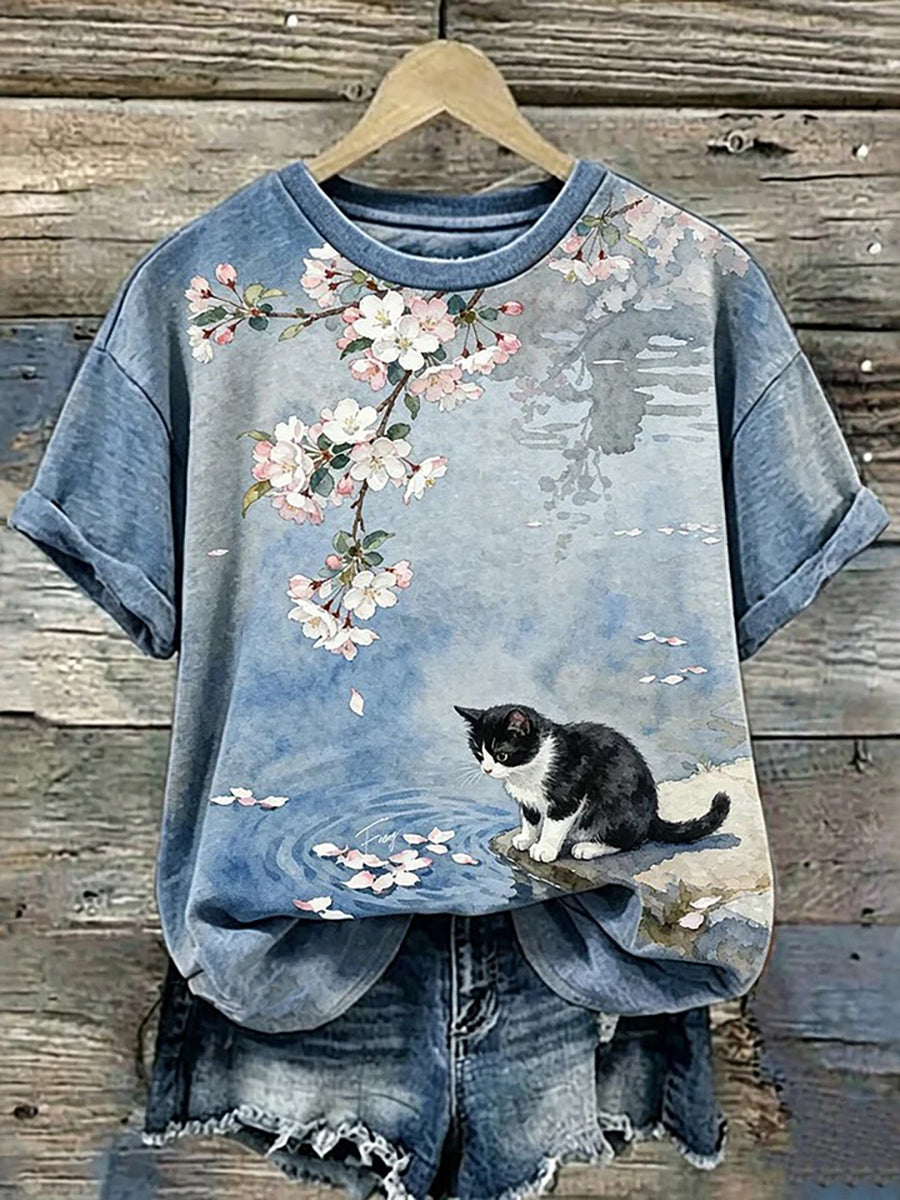 T-shirt mignon d'impression du chat des femmes
