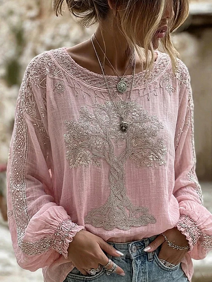 Haut décontracté en coton-lin pour femme, imprimé floral vintage