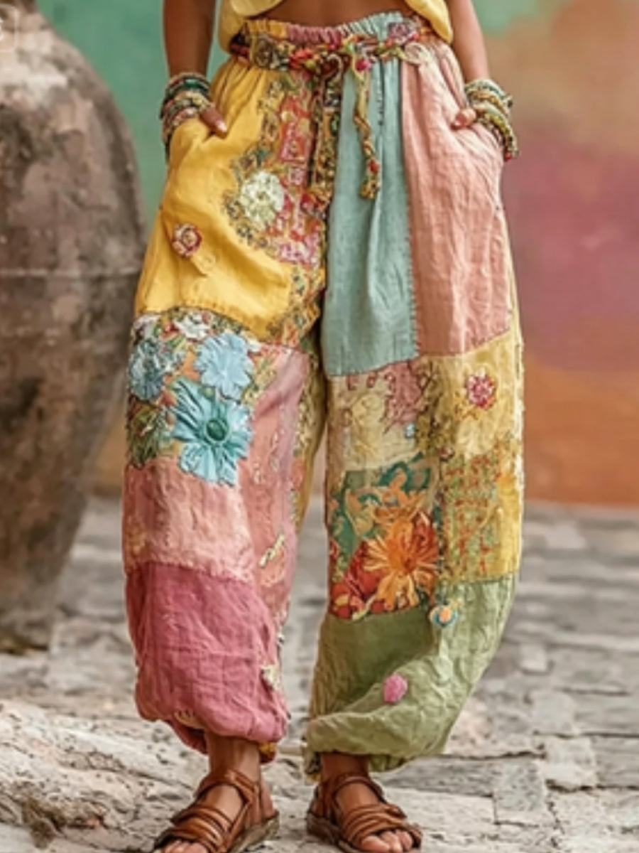 Pantalon décontracté pour femme, style bohème, en mélange de lin, avec broderie florale et contraste de couleurs