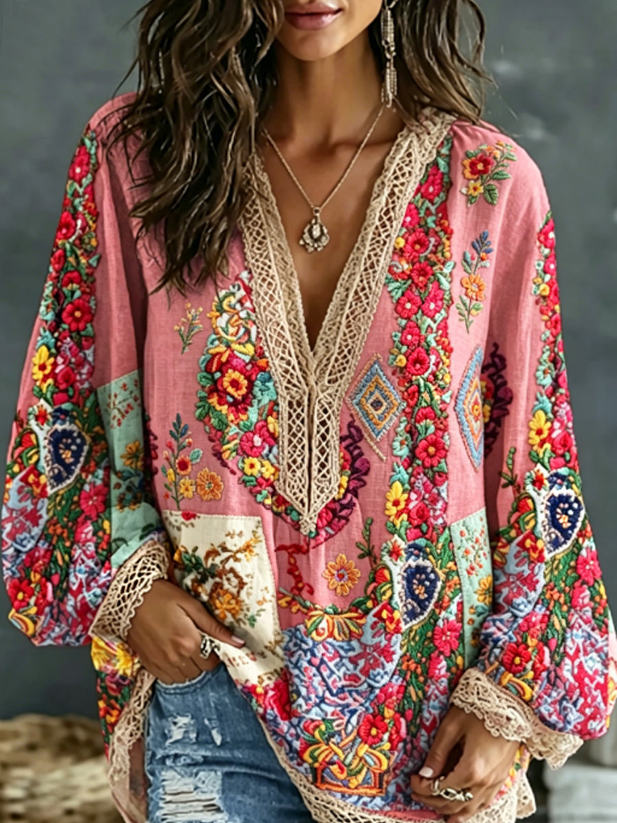 Chemise bohème pour femmes en mélange de lin, à broderie florale, contraste de couleurs, col en V, manches longues