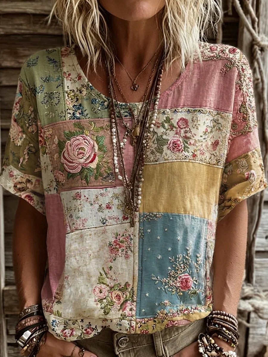 Haut décontracté en coton-lin pour femme, imprimé floral vintage
