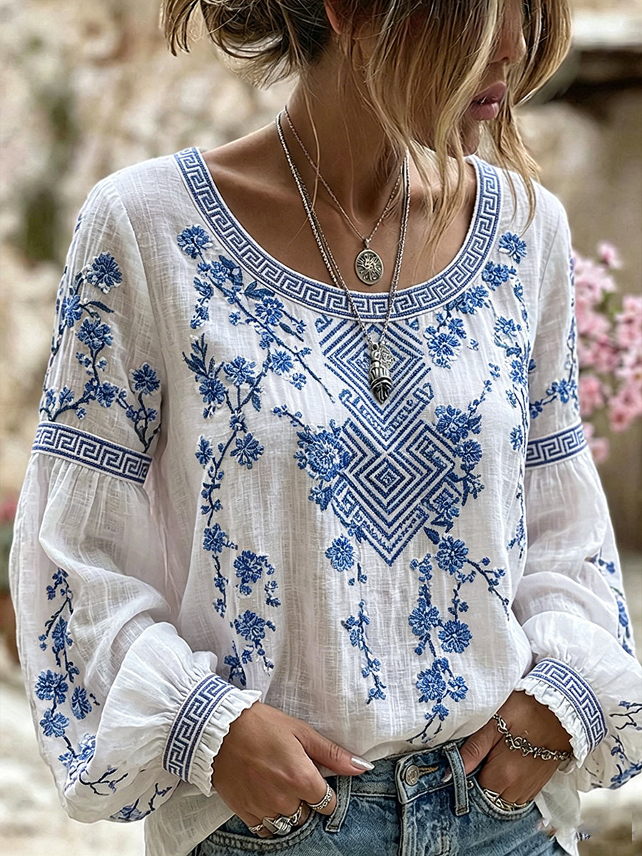 Haut décontracté en coton-lin pour femme, imprimé floral vintage
