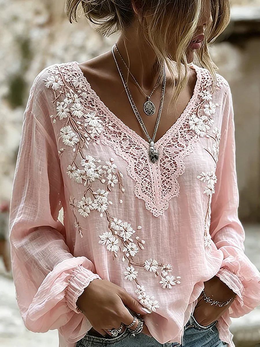 Haut décontracté en coton-lin pour femme, imprimé floral vintage