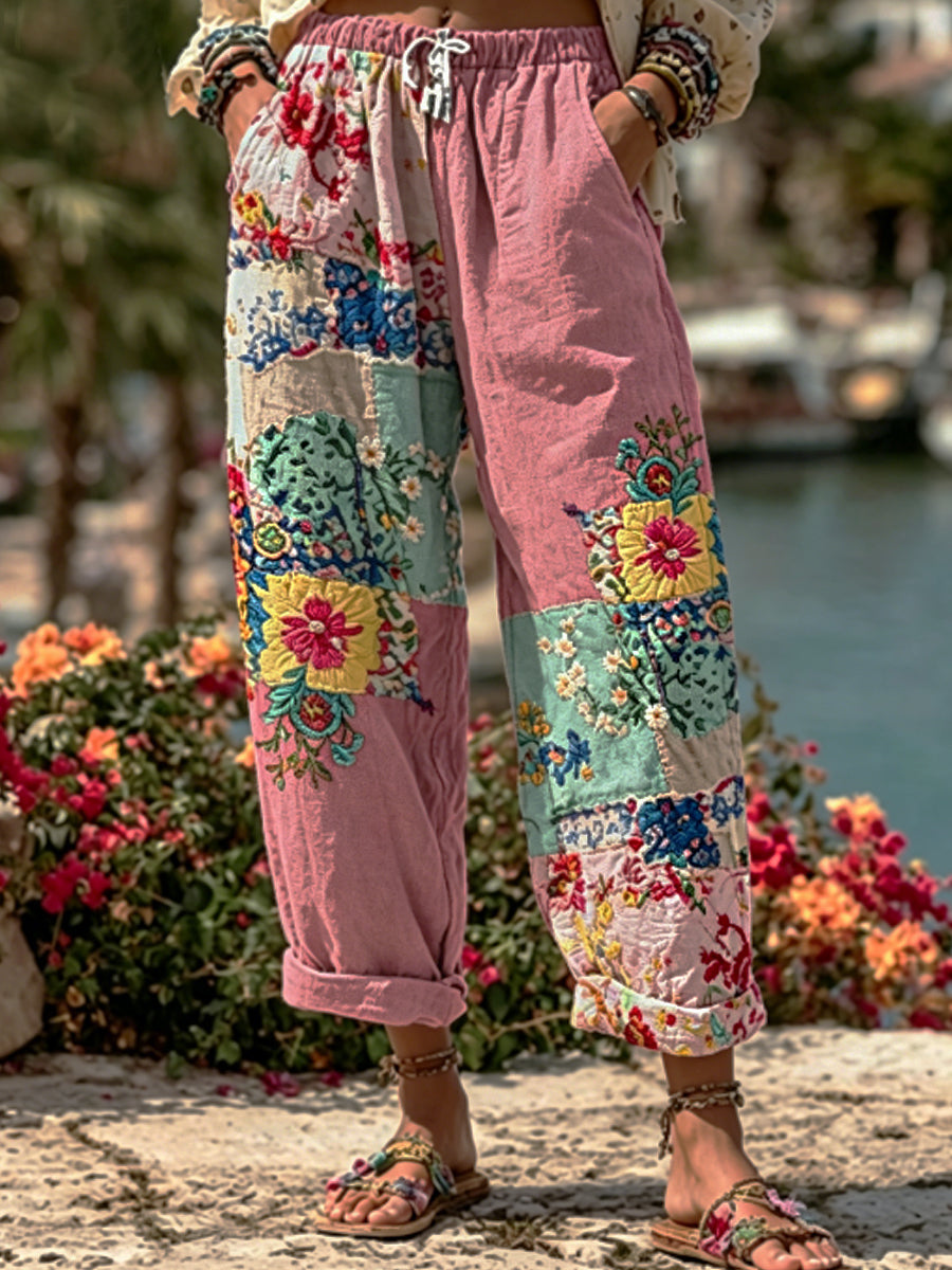 Pantalon décontracté pour femme, style bohème, en mélange de lin, avec broderie florale et contraste de couleurs
