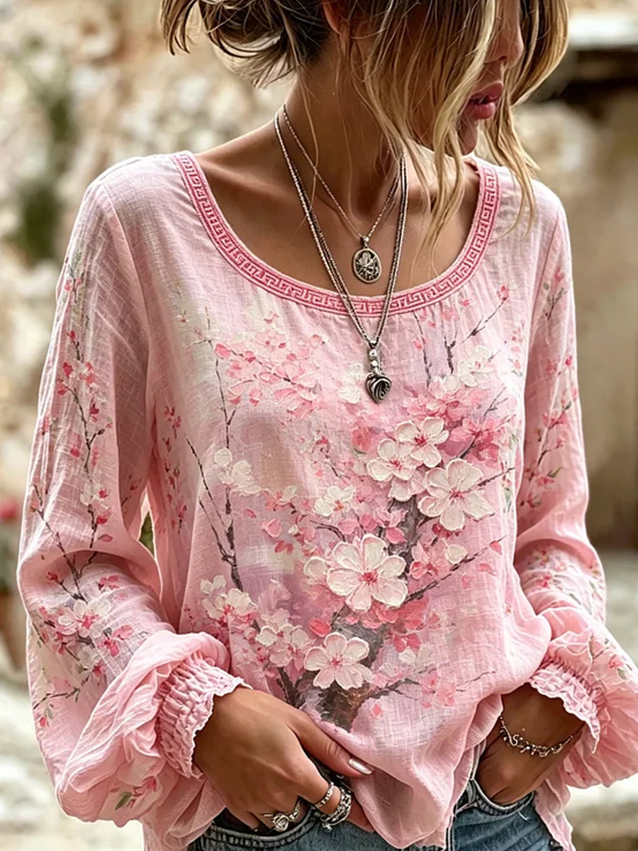 Haut décontracté en coton-lin pour femme, imprimé floral vintage