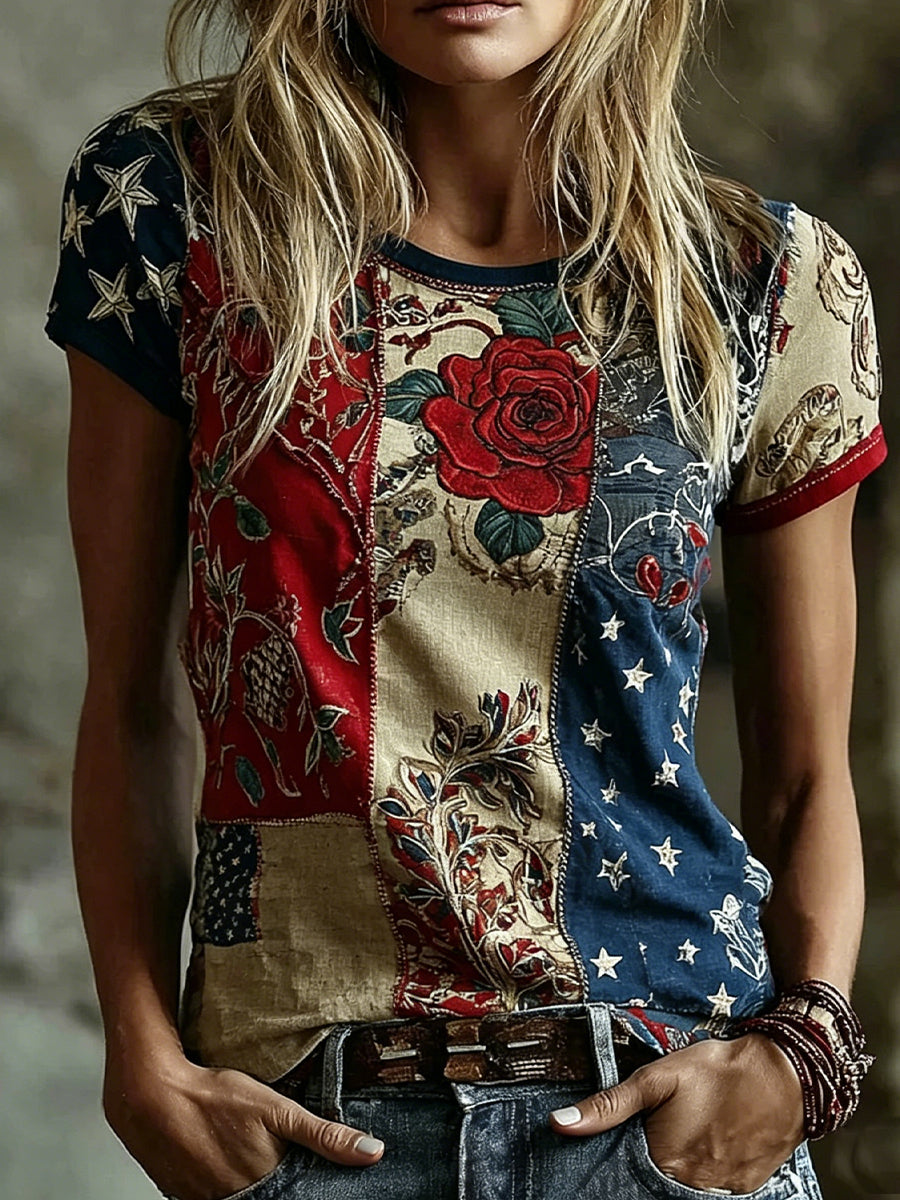 Haut décontracté en coton-lin pour femme, imprimé floral vintage