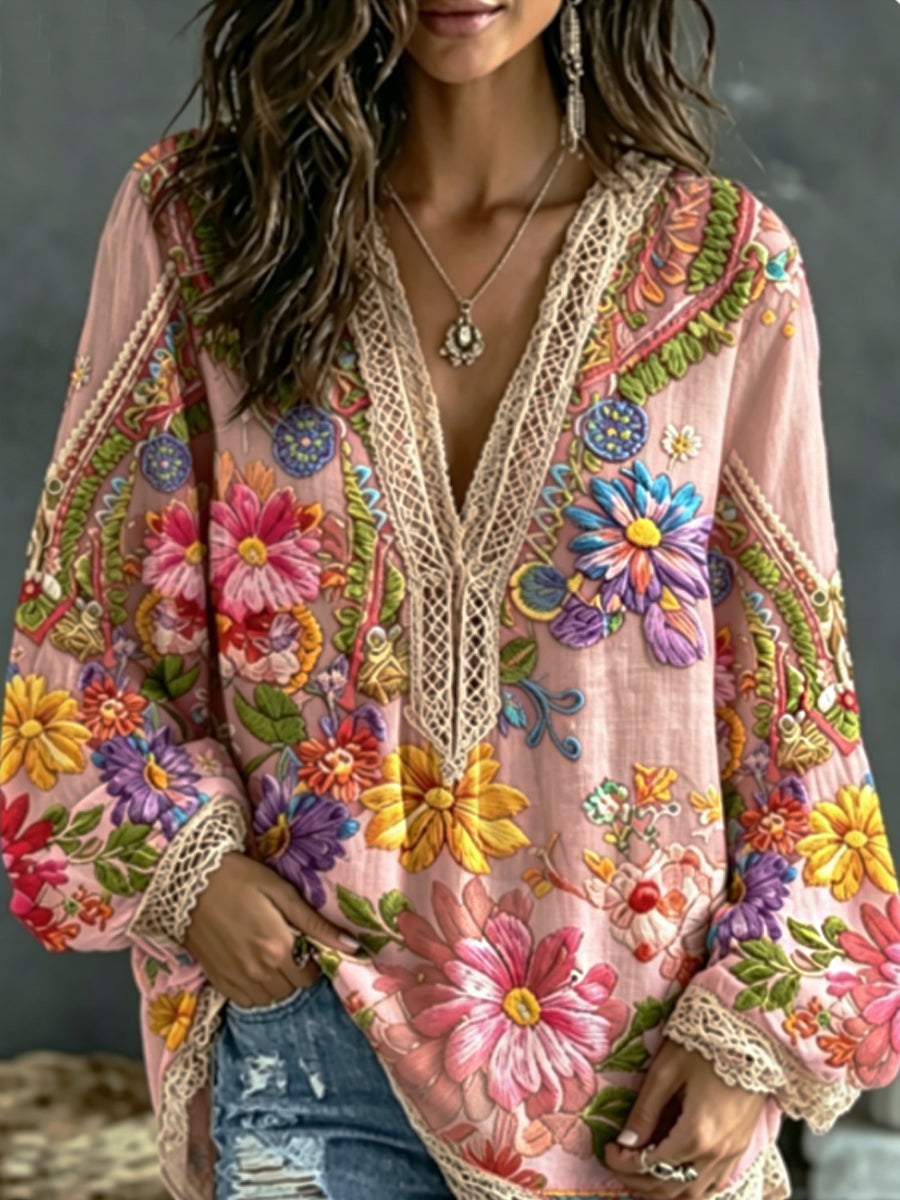 Chemise bohème pour femmes en mélange de lin, à broderie florale, contraste de couleurs, col en V, manches longues