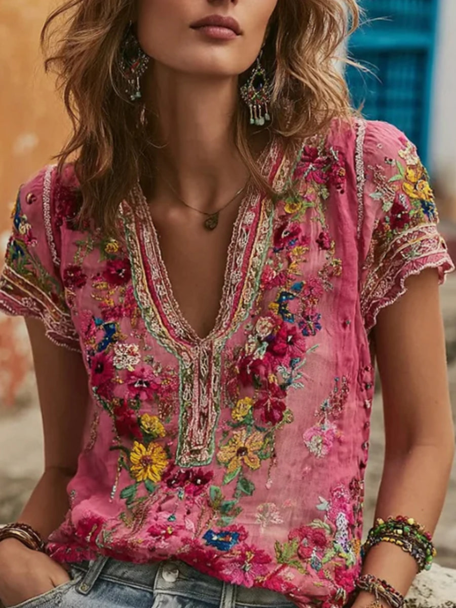 T-shirt bohème pour femme en mélange de lin, à col en V, avec broderie florale et patchwork artistique