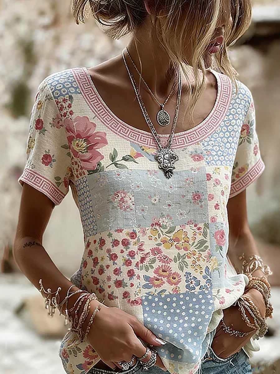 Haut décontracté en coton-lin pour femme, imprimé floral vintage