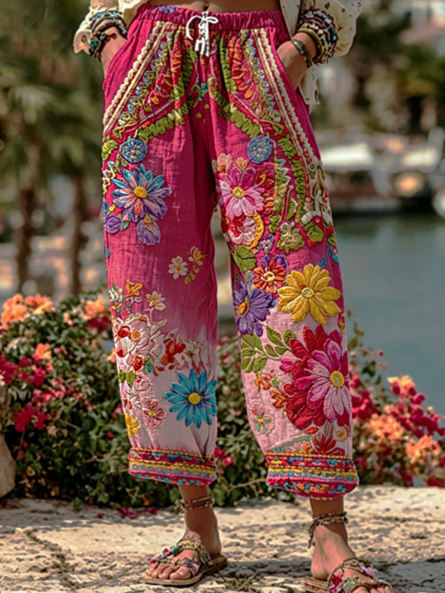 Pantalon décontracté pour femme, style bohème, en mélange de lin, avec broderie florale et contraste de couleurs