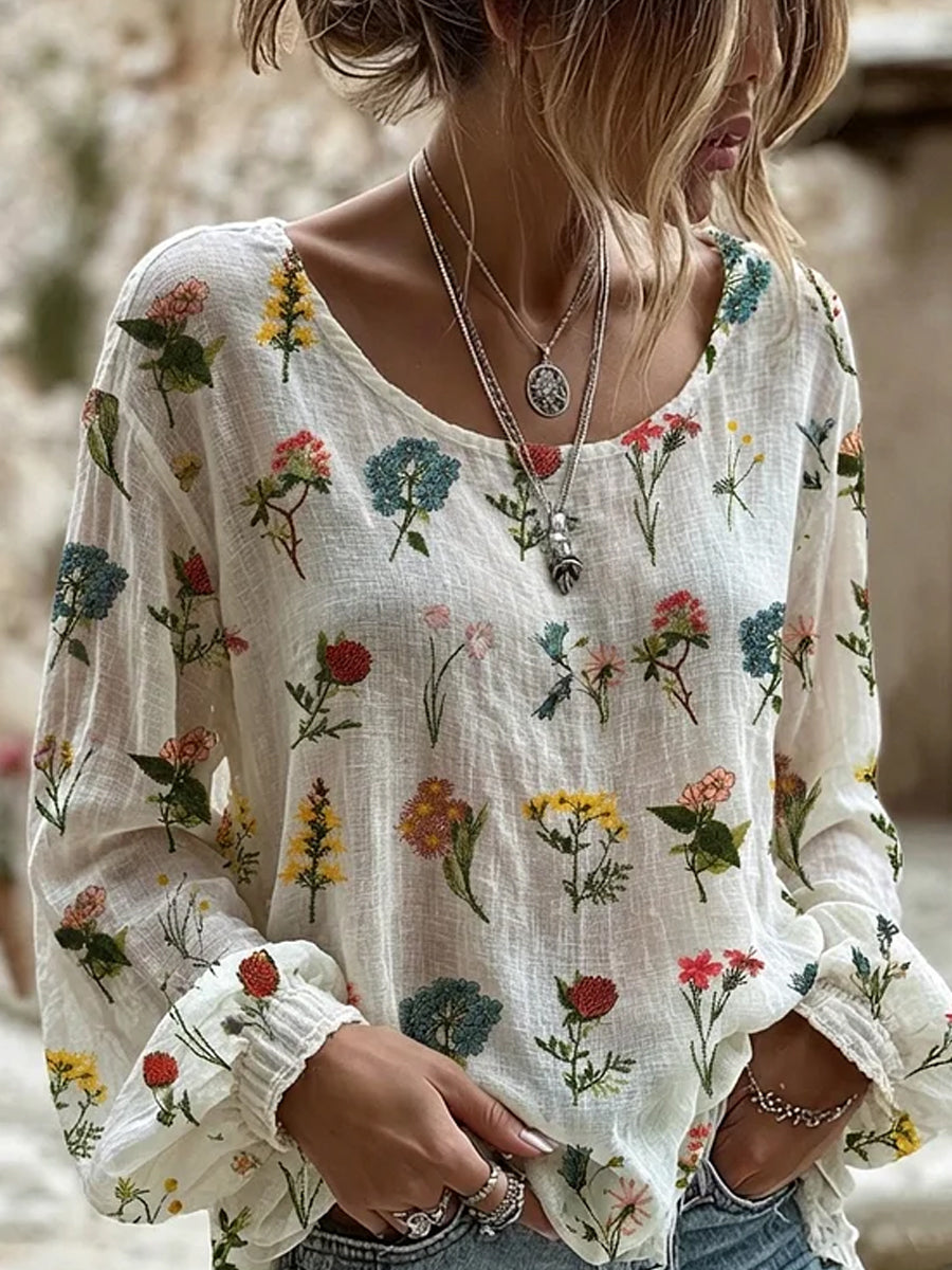 Haut décontracté en coton-lin pour femme, imprimé floral vintage