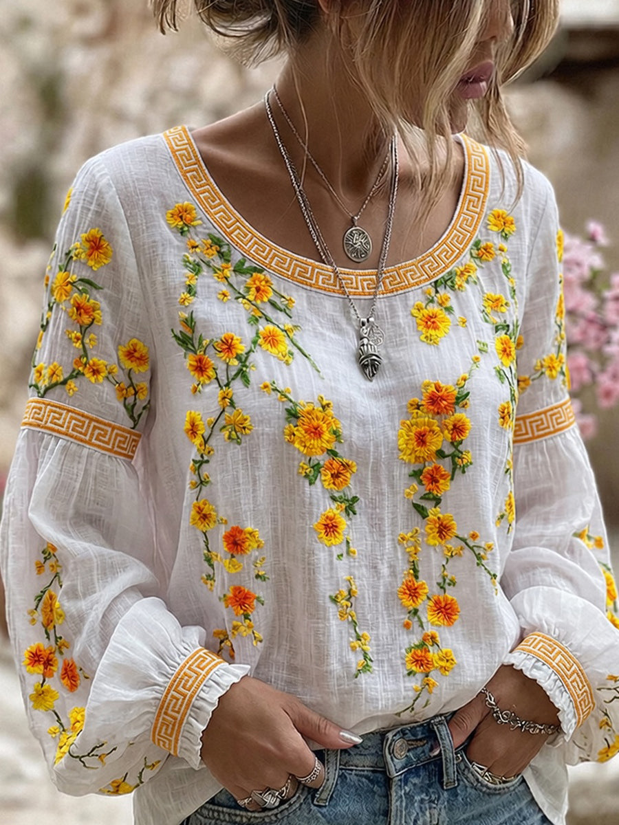 Haut décontracté en coton-lin pour femme, imprimé floral vintage