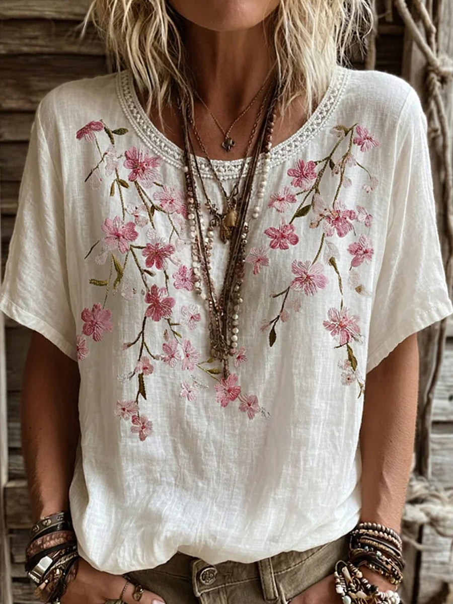 Haut décontracté en coton-lin pour femme, imprimé floral vintage