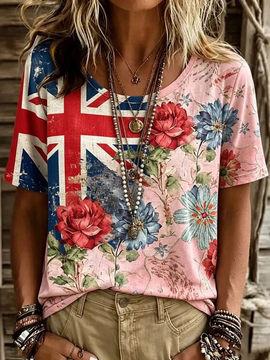 Haut décontracté en coton-lin pour femme, imprimé floral vintage